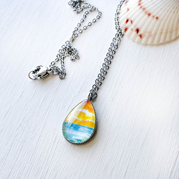 Abstract Watercolor Seascape V - Stainless Steel Teardrop Necklace or Set