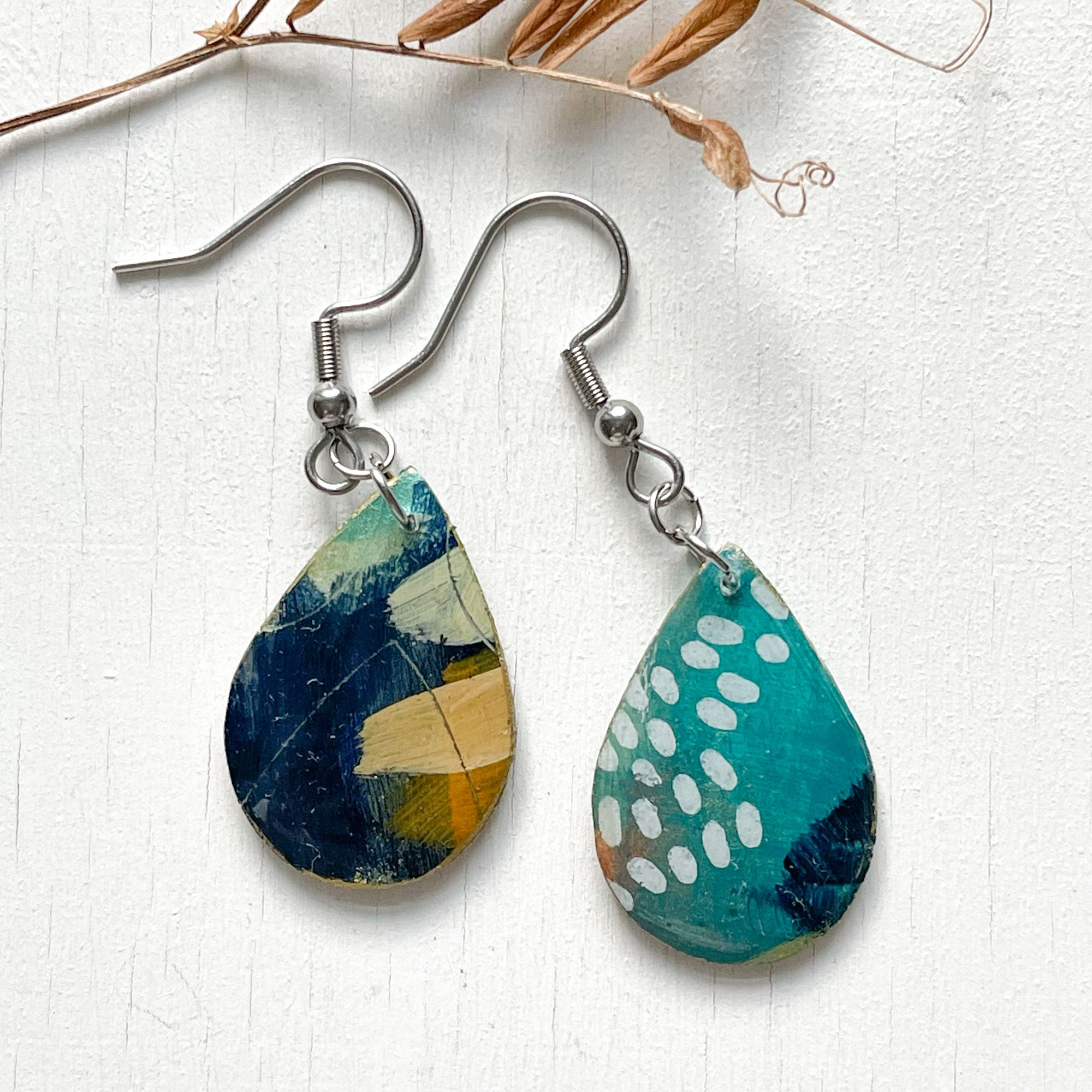 Hand Painted Paper and Resin Earrings - #10