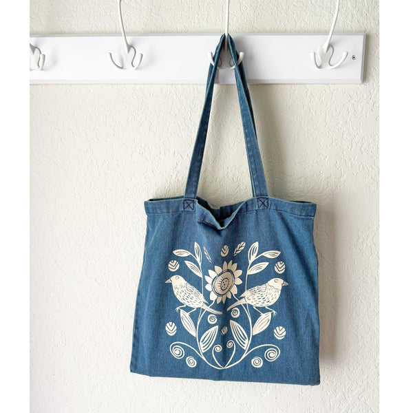 Birds and Flowers Denim Tote Bag