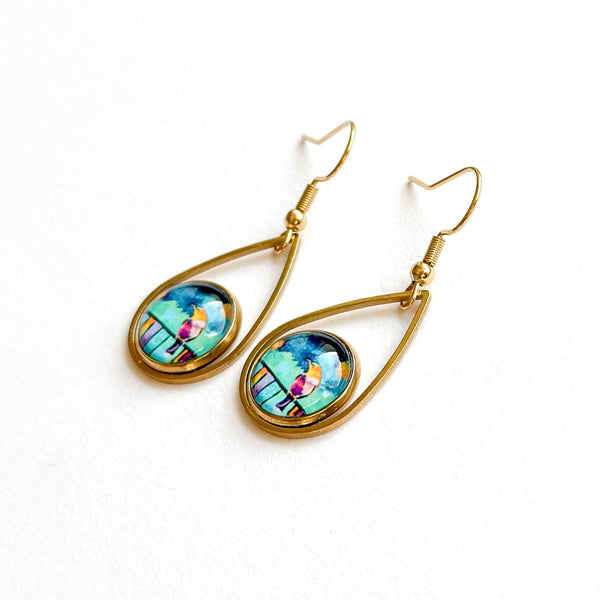 Colorful Bird - Teardrop With Circle Gold Plated Stainless Steel Earrings