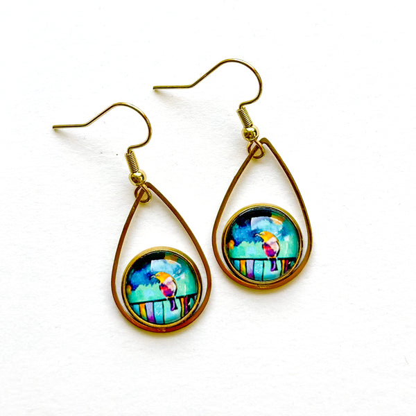 Colorful Bird - Teardrop With Circle Gold Plated Stainless Steel Earrings