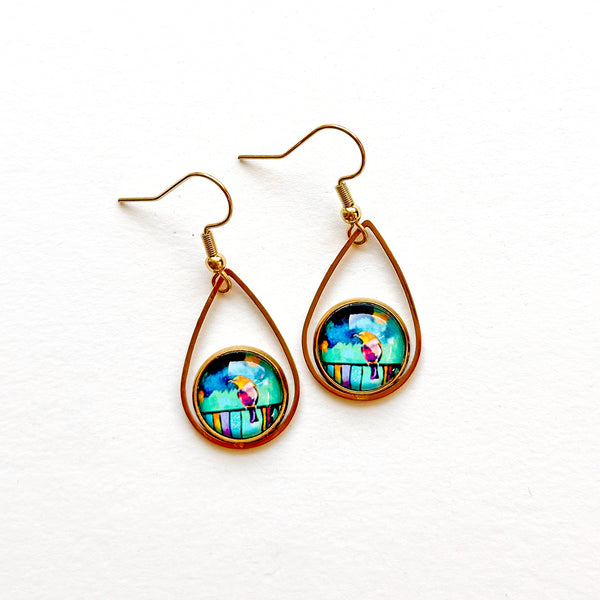 Colorful Bird - Teardrop With Circle Gold Plated Stainless Steel Earrings