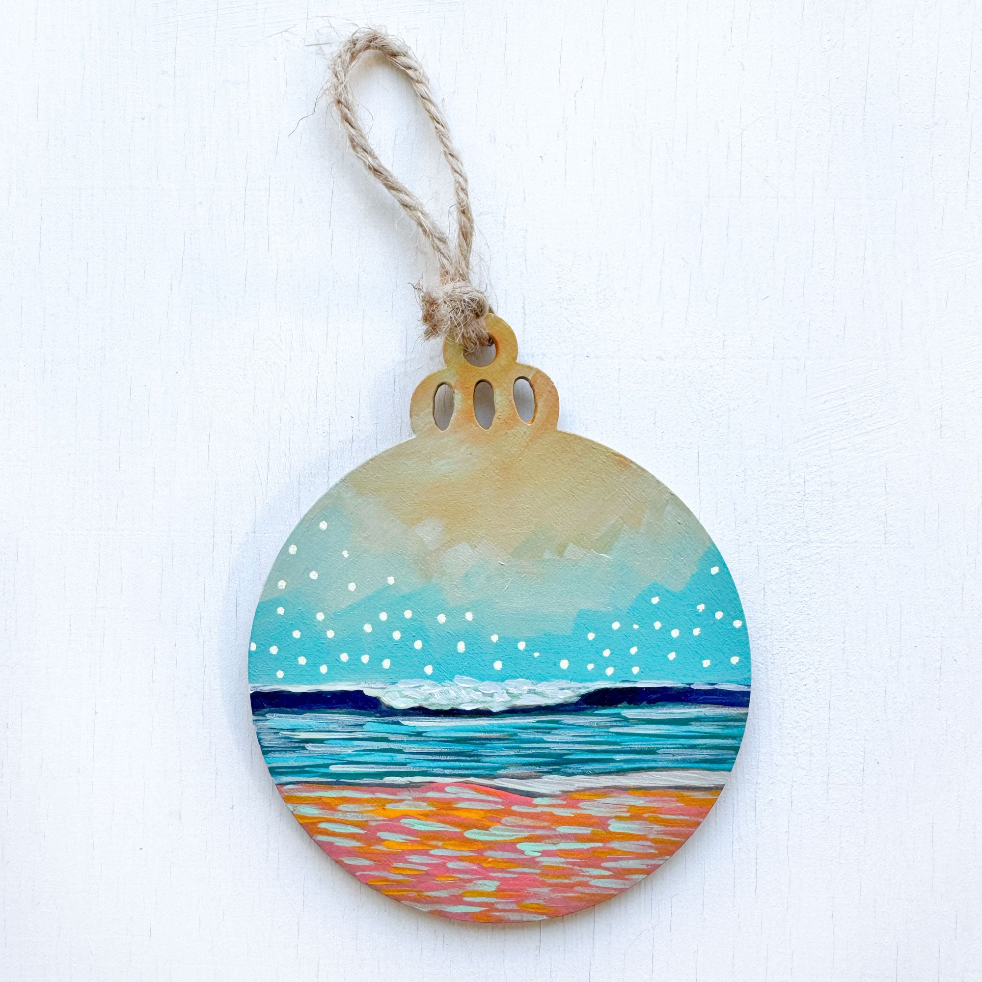Cyan and Orange Seascape - Hand-Painted Christmas Ornament