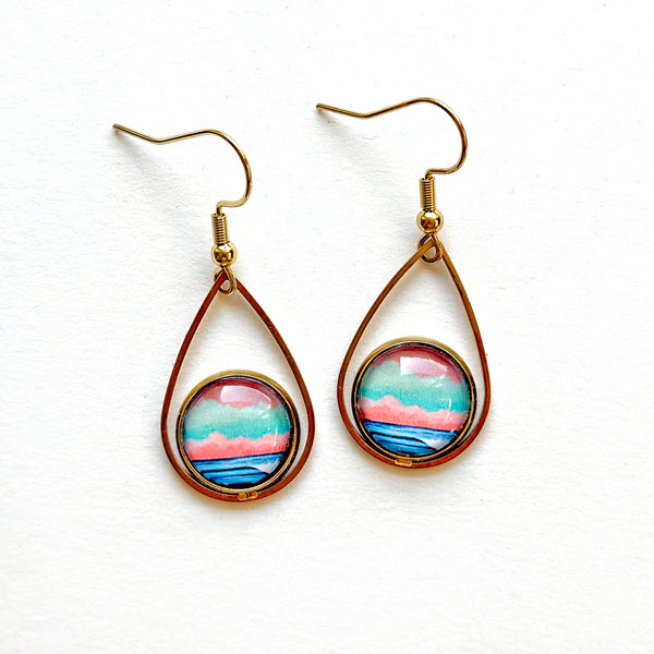 Graphic Seascape I - Teardrop With Circle Gold Plated Stainless Steel Earrings