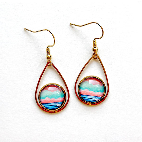 Graphic Seascape I - Teardrop With Circle Gold Plated Stainless Steel Earrings
