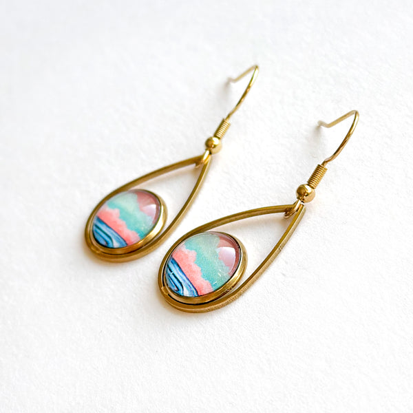 Graphic Seascape I - Teardrop With Circle Gold Plated Stainless Steel Earrings