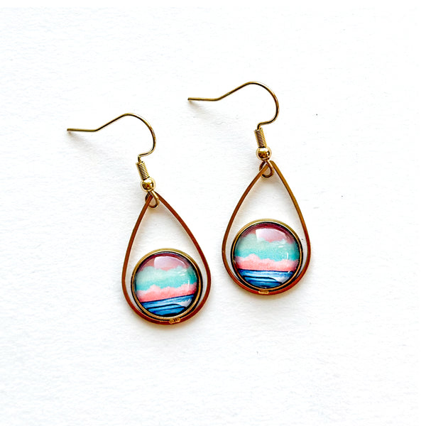 Graphic Seascape I - Teardrop With Circle Gold Plated Stainless Steel Earrings
