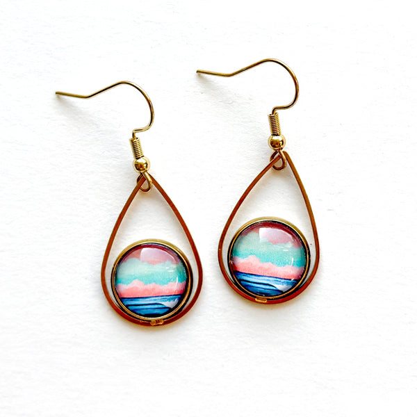 Graphic Seascape I - Teardrop With Circle Gold Plated Stainless Steel Earrings