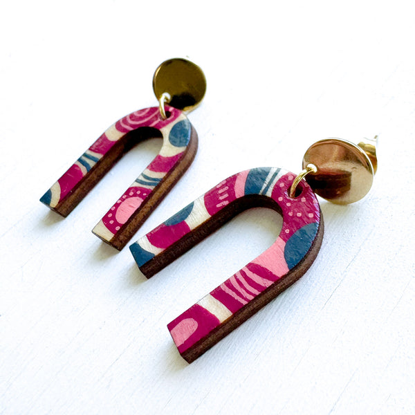 Magenta, Pink and Gray Hand-Painted Arch Wood Earrings