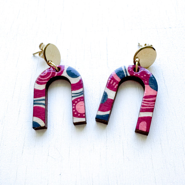 Magenta, Pink and Gray Hand-Painted Arch Wood Earrings