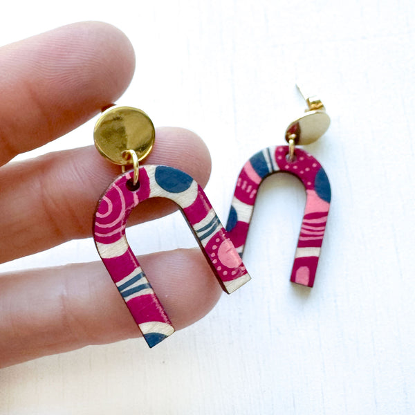 Magenta, Pink and Gray Hand-Painted Arch Wood Earrings