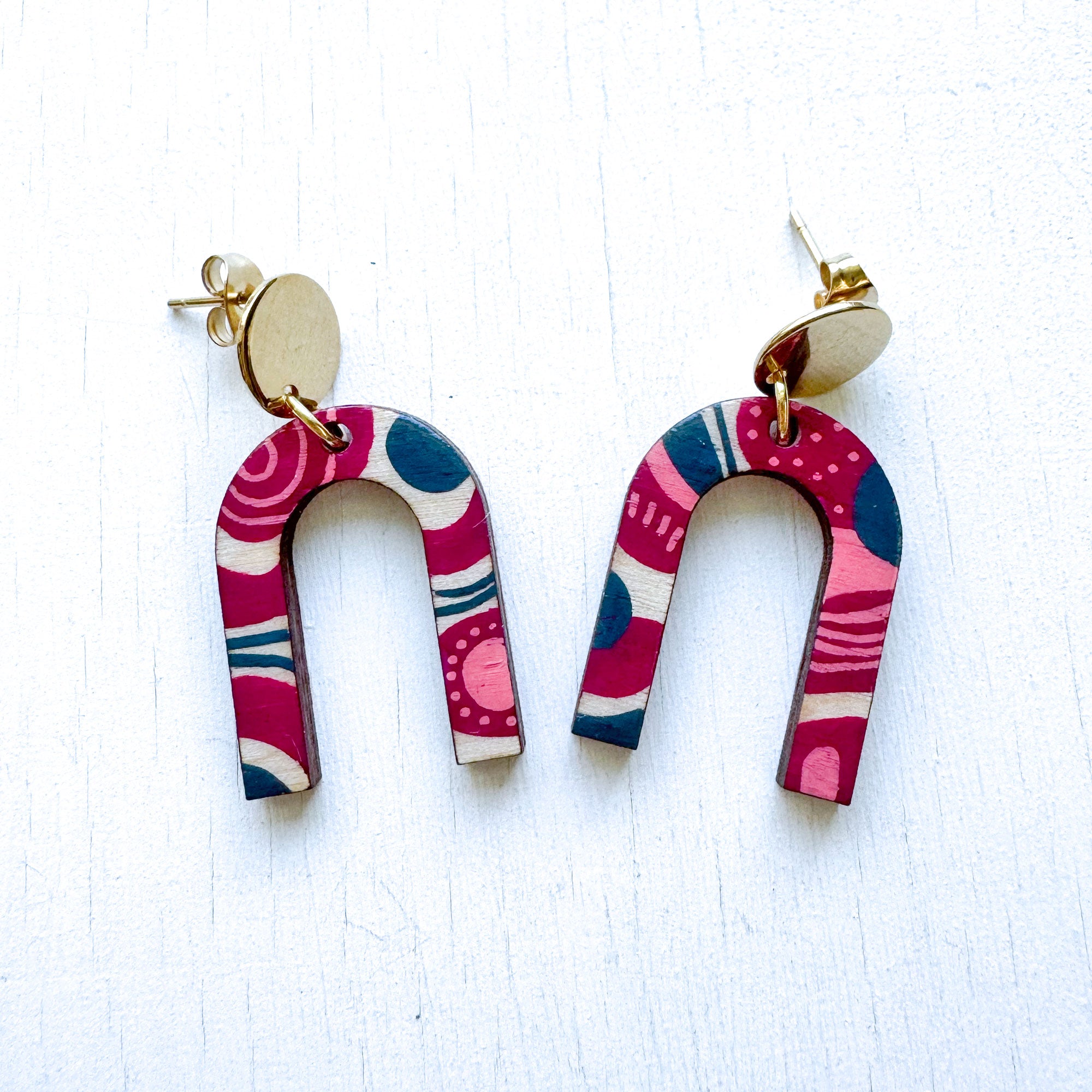 Magenta, Pink and Gray Hand-Painted Arch Wood Earrings