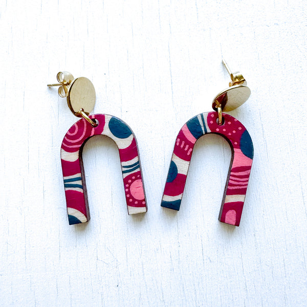 Magenta, Pink and Gray Hand-Painted Arch Wood Earrings