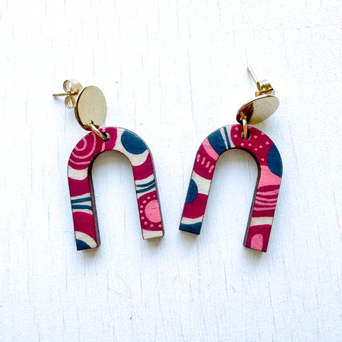 Magenta, Pink and Gray Hand-Painted Arch Wood Earrings