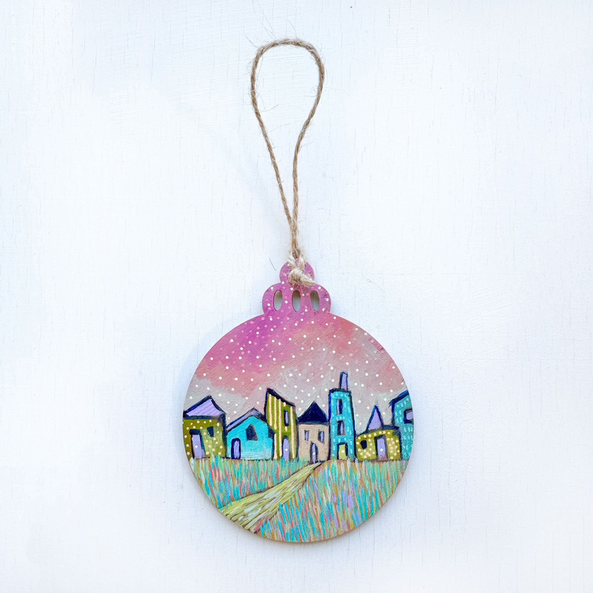 Magenta Sky Town - Hand-Painted Christmas Ornament