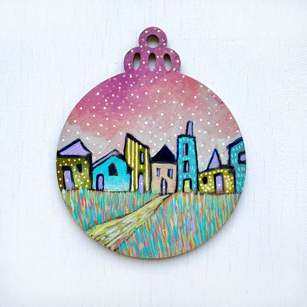 Magenta Sky Town - Hand-Painted Christmas Ornament