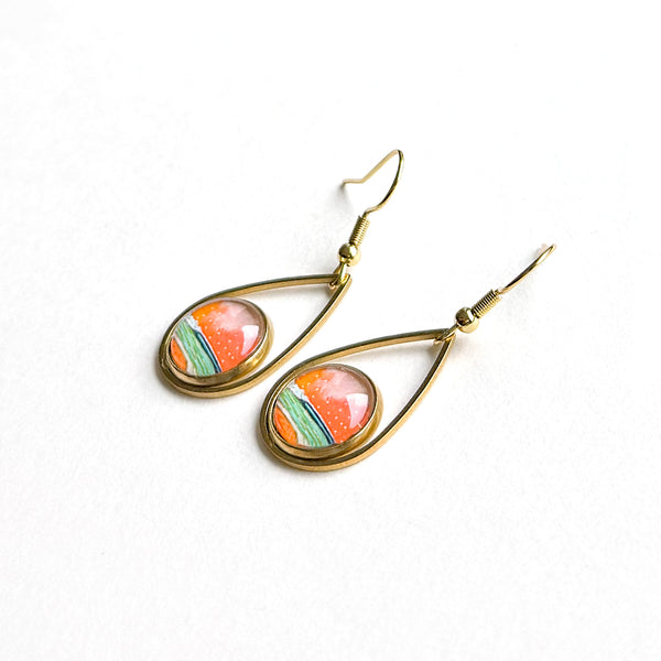 Orange Sky - Teardrop With Circle Gold Plated Stainless Steel Earrings