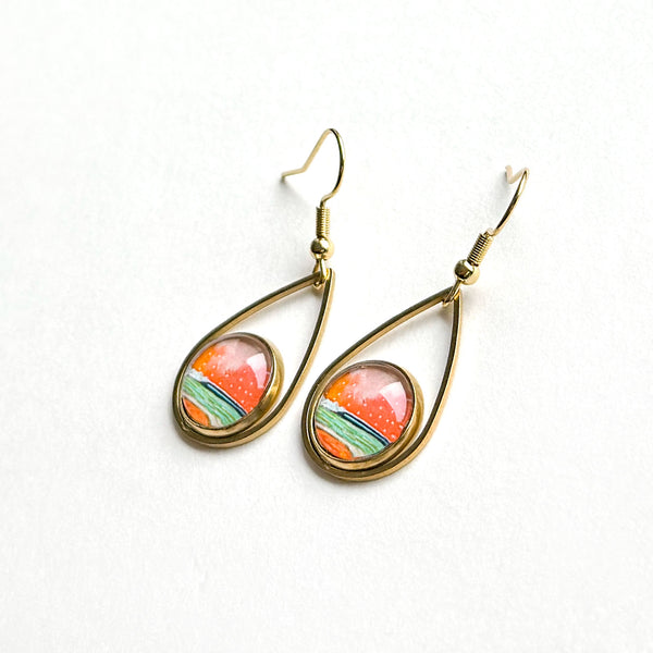 Orange Sky - Teardrop With Circle Gold Plated Stainless Steel Earrings