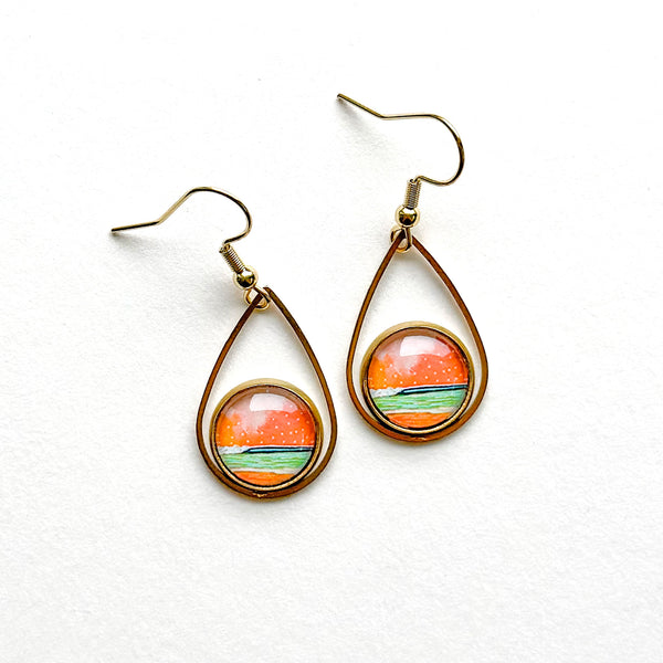 Orange Sky - Teardrop With Circle Gold Plated Stainless Steel Earrings