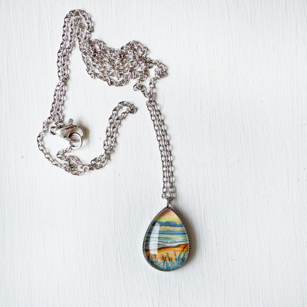 Outer Banks Seascape Sketch II - Stainless Steel Teardrop Necklace or Set