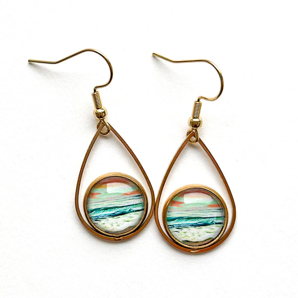 Pastel Seascape II - Teardrop With Circle Gold Plated Stainless Steel Earrings