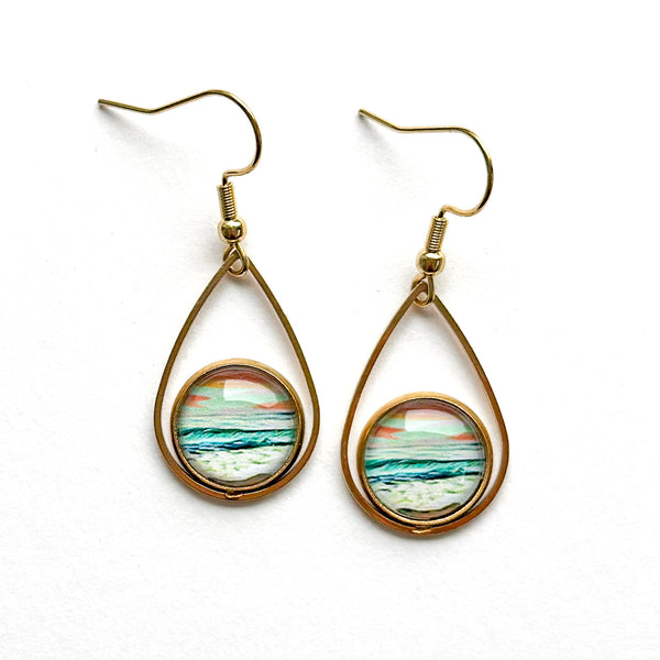 Pastel Seascape II - Teardrop With Circle Gold Plated Stainless Steel Earrings
