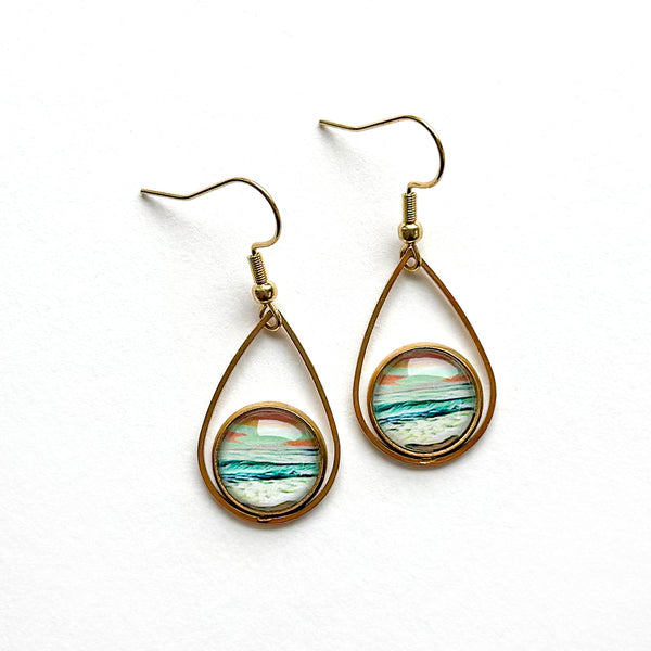 Pastel Seascape II - Teardrop With Circle Gold Plated Stainless Steel Earrings