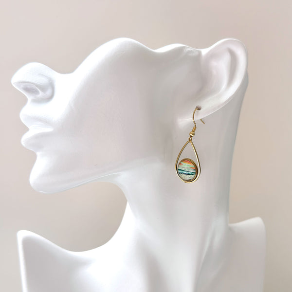 Pastel Seascape II - Teardrop With Circle Gold Plated Stainless Steel Earrings