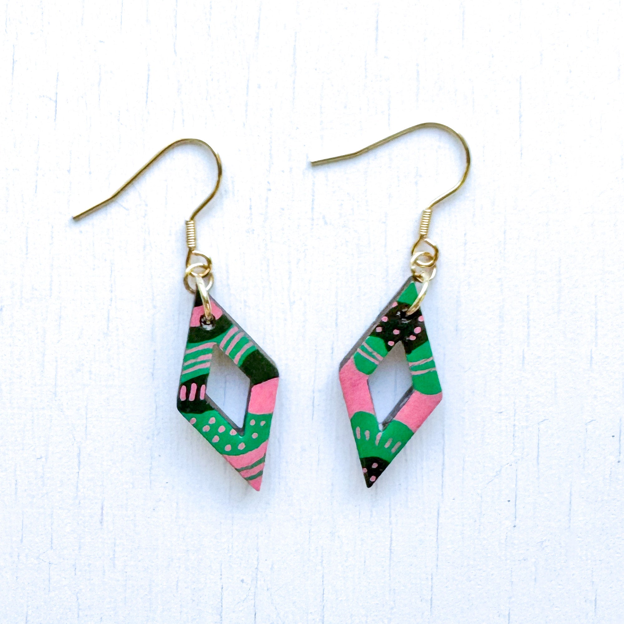 Pink, Green and Gray Hand-Painted Rhombus Wood Earrings
