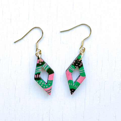 Pink, Green and Gray Hand-Painted Rhombus Wood Earrings
