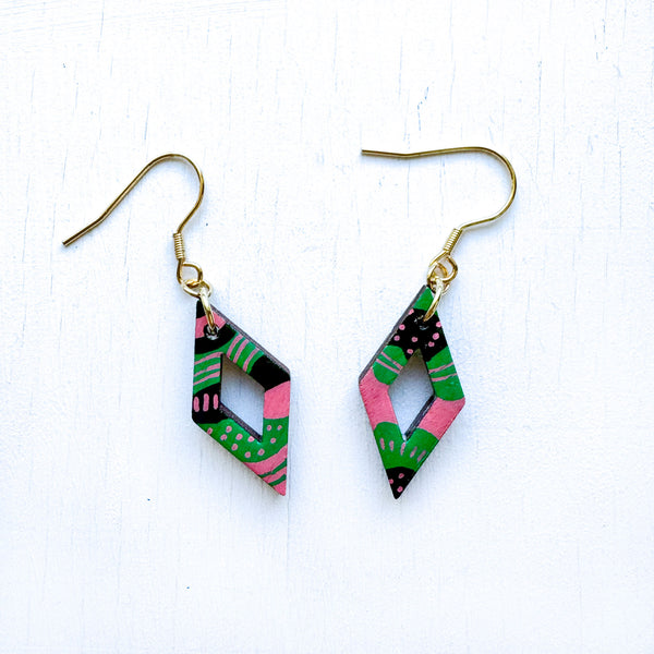 Pink, Green and Gray Hand-Painted Rhombus Wood Earrings