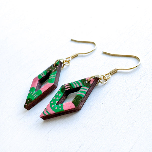 Pink, Green and Gray Hand-Painted Rhombus Wood Earrings