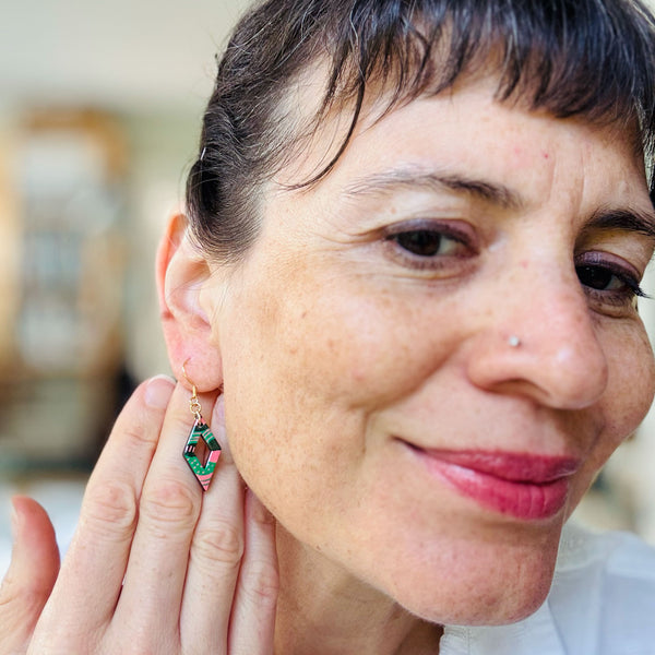 Pink, Green and Gray Hand-Painted Rhombus Wood Earrings