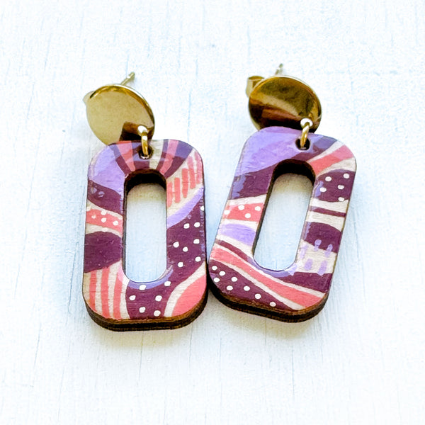 Pink, Lilac and Maroon Hand-Painted Square Loop Wood Earrings