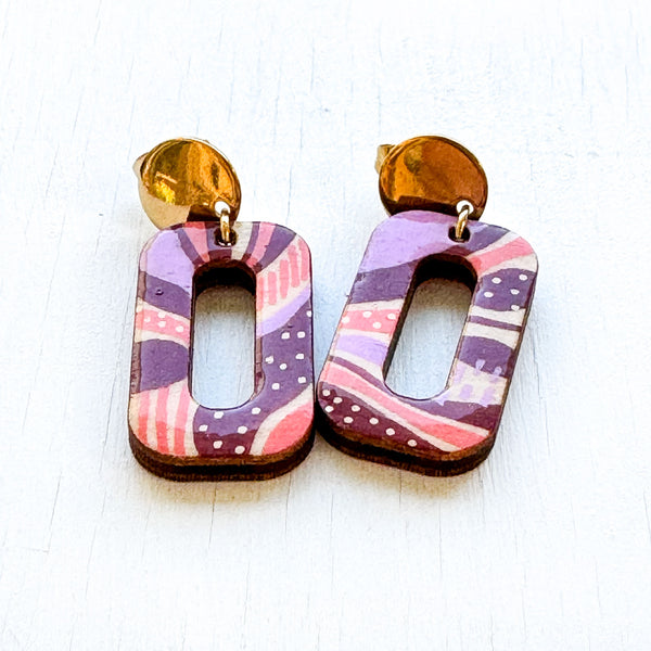 Pink, Lilac and Maroon Hand-Painted Square Loop Wood Earrings