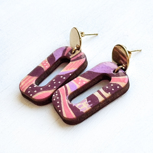Pink, Lilac and Maroon Hand-Painted Square Loop Wood Earrings