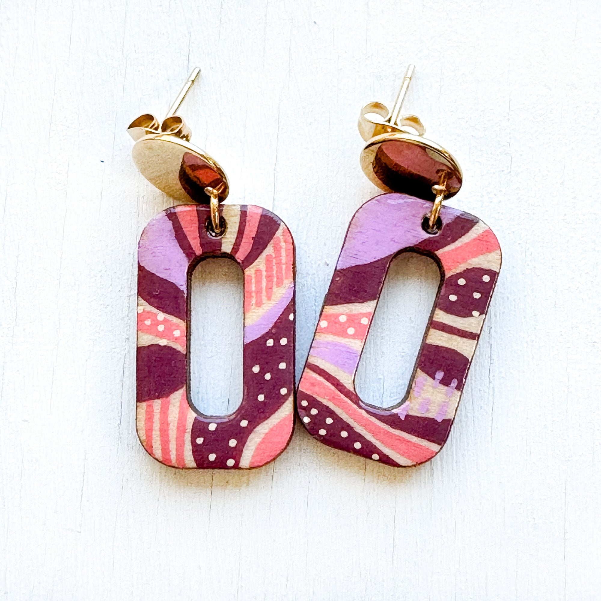 Pink, Lilac and Maroon Hand-Painted Square Loop Wood Earrings