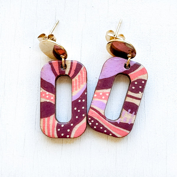 Pink, Lilac and Maroon Hand-Painted Square Loop Wood Earrings