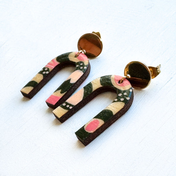 Pink and Dark Olive Green Hand-Painted Arch Wood Earrings