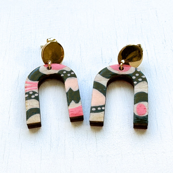 Pink and Dark Olive Green Hand-Painted Arch Wood Earrings