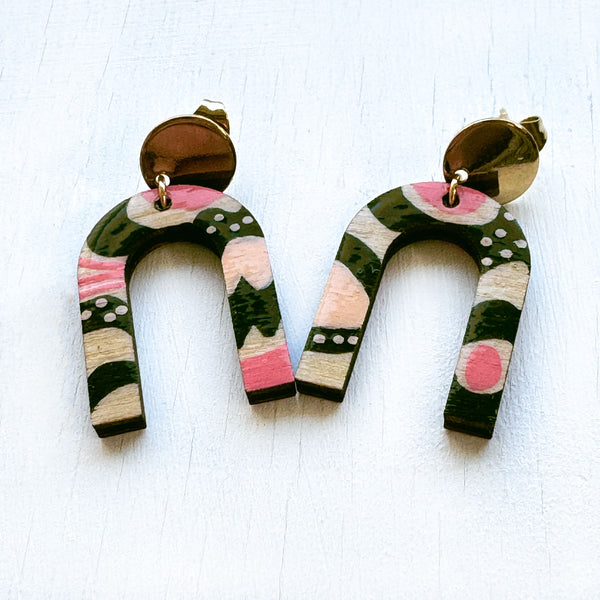 Pink and Dark Olive Green Hand-Painted Arch Wood Earrings