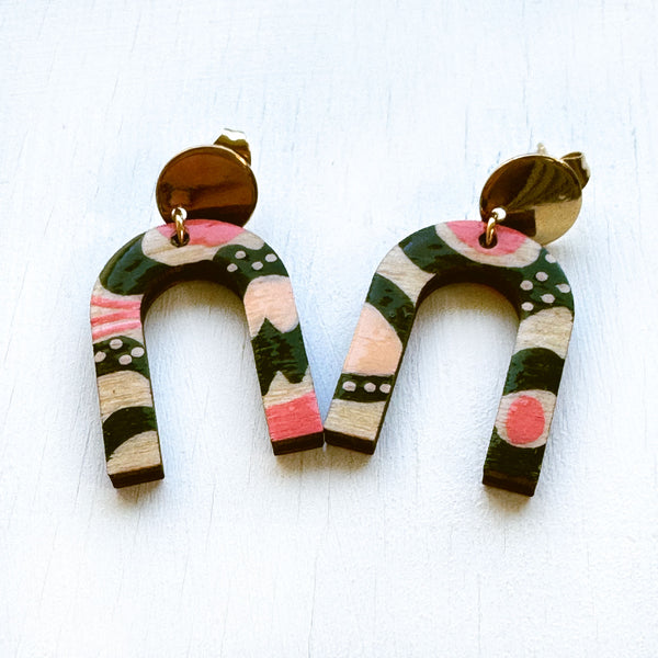 Pink and Dark Olive Green Hand-Painted Arch Wood Earrings