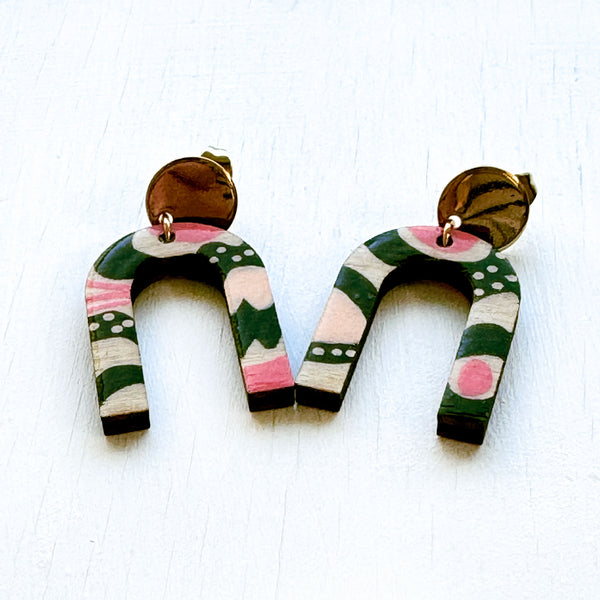 Pink and Dark Olive Green Hand-Painted Arch Wood Earrings