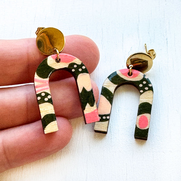 Pink and Dark Olive Green Hand-Painted Arch Wood Earrings