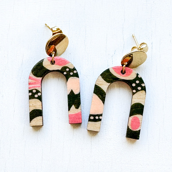 Pink and Dark Olive Green Hand-Painted Arch Wood Earrings