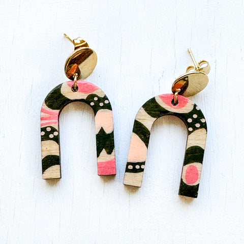 Pink and Dark Olive Green Hand-Painted Arch Wood Earrings