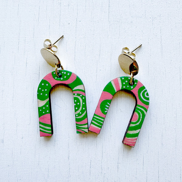 Pink and Green Hand-Painted Arch Wood Earrings