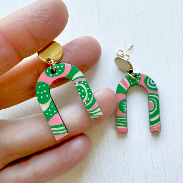 Pink and Green Hand-Painted Arch Wood Earrings