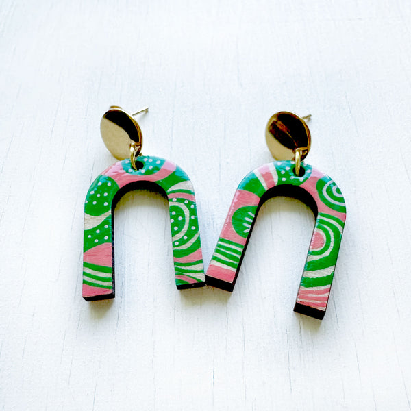 Pink and Green Hand-Painted Arch Wood Earrings