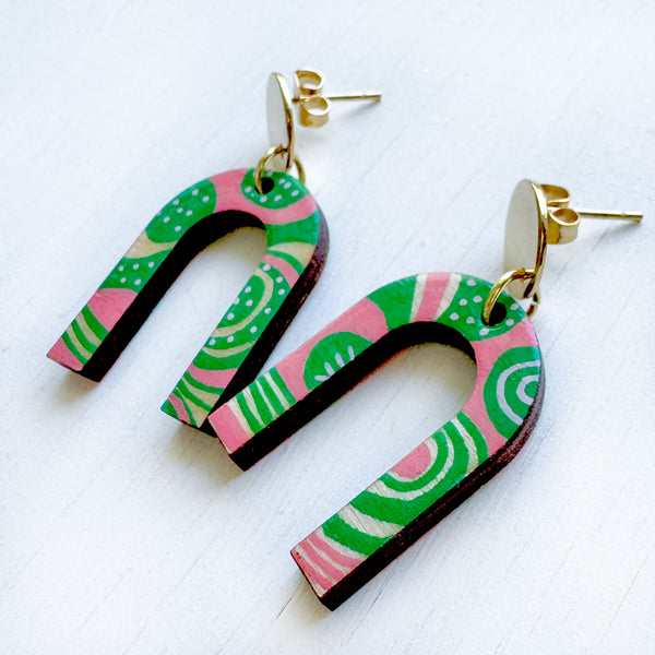 Pink and Green Hand-Painted Arch Wood Earrings
